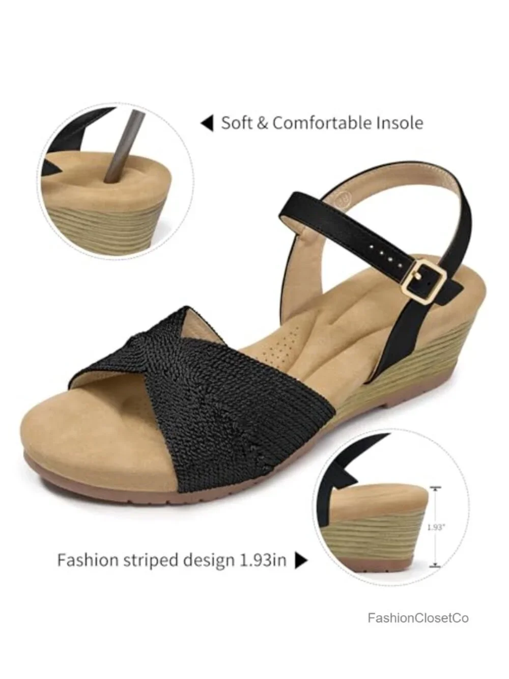 Comfortable Open Toe Wedge Sandals with Ankle Strap Buckle